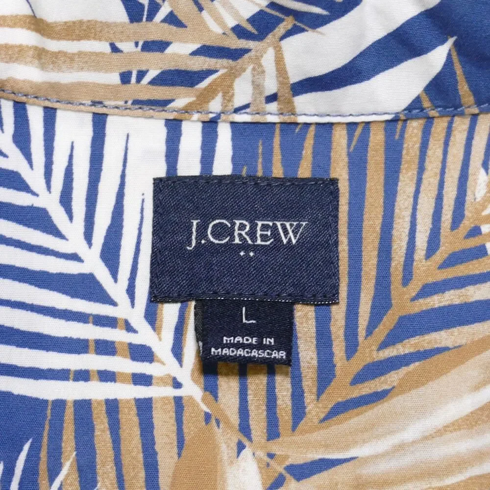 J Crew Floral Button Shirt Mens Large Blue Brown Short Sleeve Camp Shirt